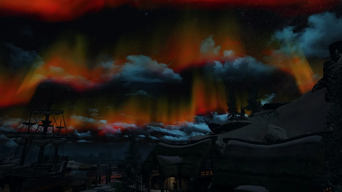 A snowy, nighttime scene featuring a ship docked near rustic thatched-roof buildings under a dramatic, colorful aurora…