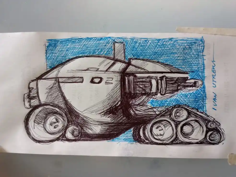 A hand-drawn sketch of a futuristic vehicle with tank-like treads and wheels, colored with blue crayon in the background…