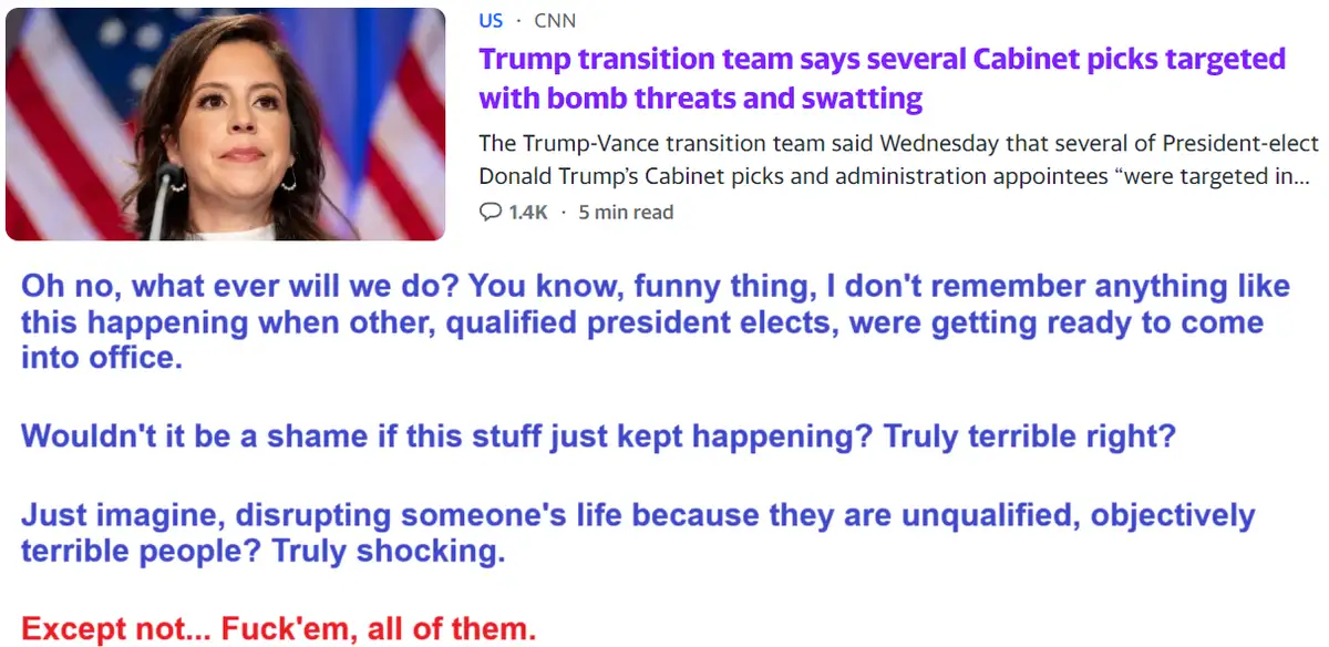 A screenshot of a CNN article about bomb threats against Trump's cabinet picks is overlaid with sarcastic text that feigns…