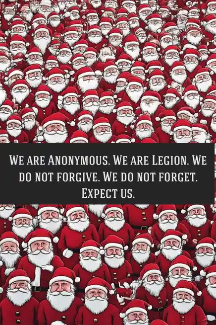 The image displays a dense, repeating pattern of cartoon Santa Claus figures in red suits and hats, filling the entire frame…