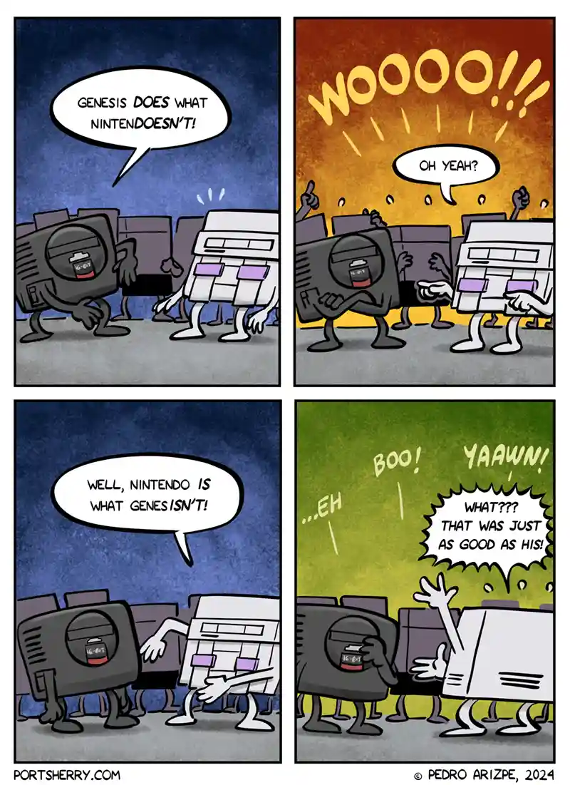 A four-panel comic strip shows two anthropomorphic video game consoles, a black Sega Genesis and a white Nintendo Game Boy…