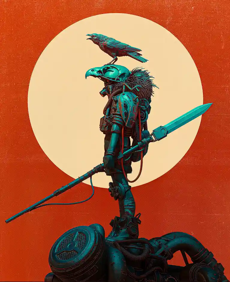 A stylized, teal-colored steampunk warrior with an eagle skull helmet and a crow perched on top, holding a sword against a…