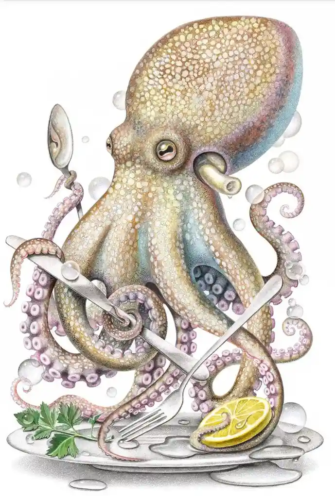 A detailed illustration shows an octopus sitting upright on a plate, holding a spoon, knife, and fork in its tentacles, with…