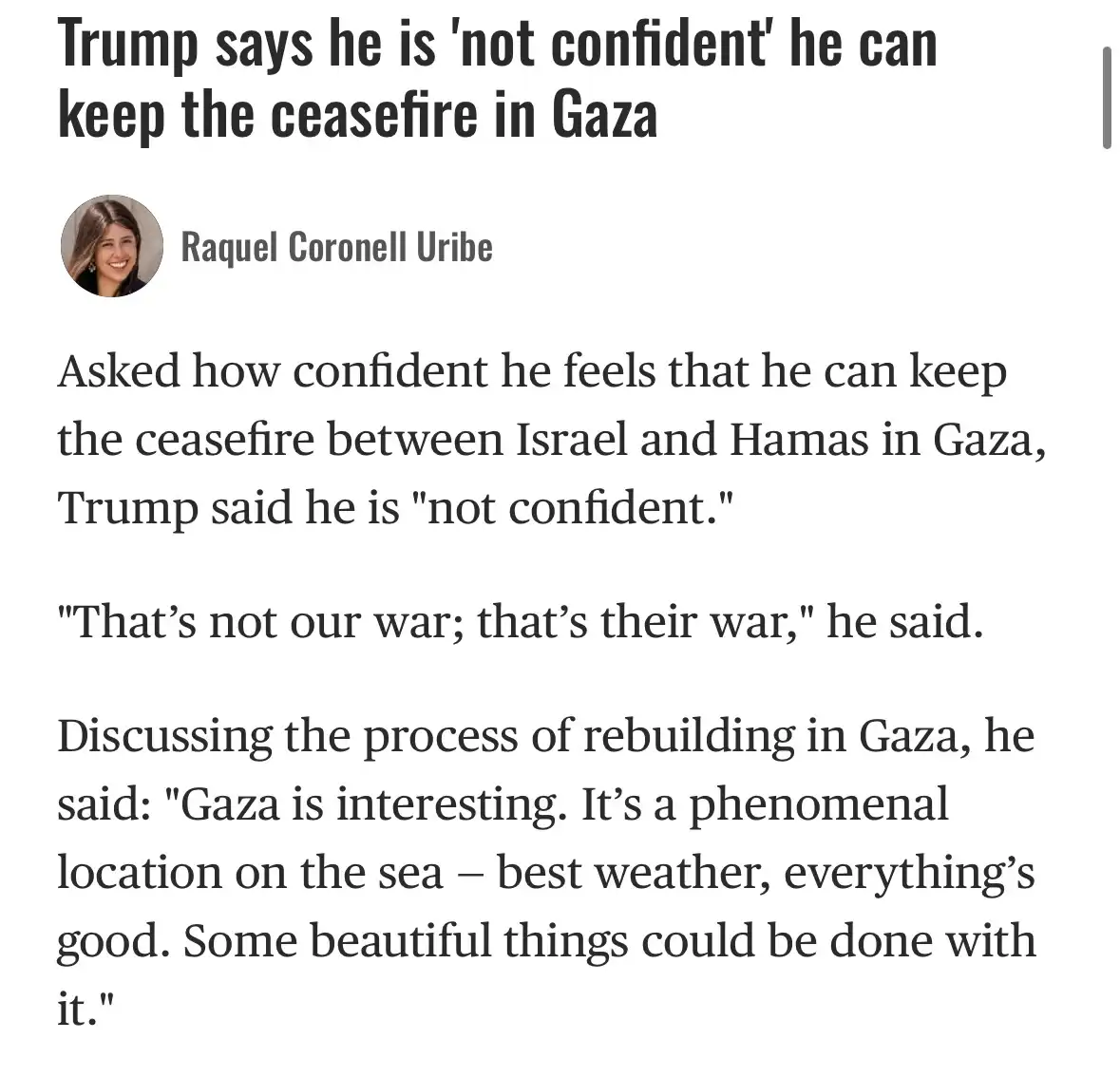 The image displays a screenshot of a news article by Raquel Coronell Uribe, detailing Donald Trump's statements about his…