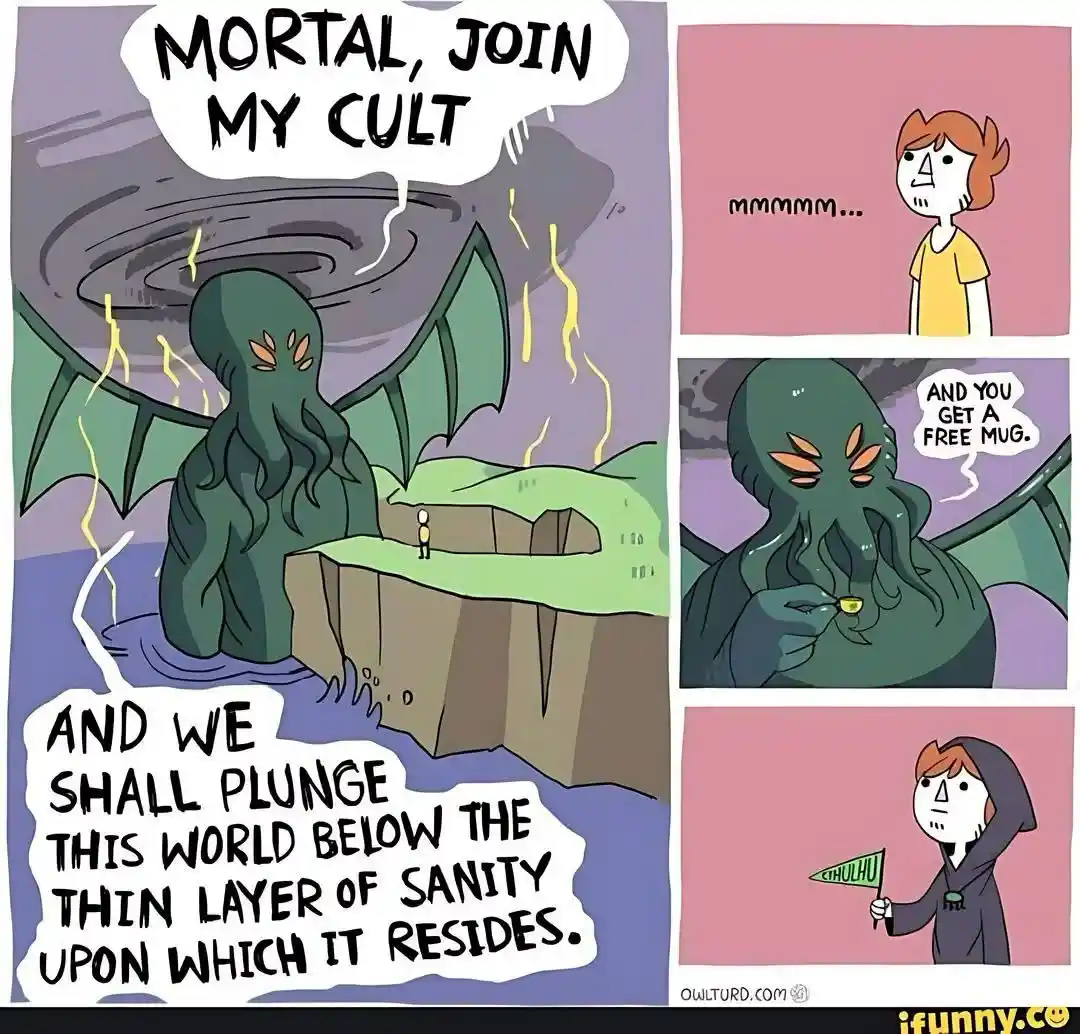 A four-panel comic shows a giant, winged, tentacled monster resembling Cthulhu offering a mortal to join its cult, promising…