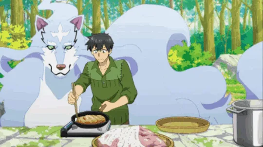 A three-panel anime scene shows a man cooking outdoors while a large white wolf with nine tails watches. In the first panel…