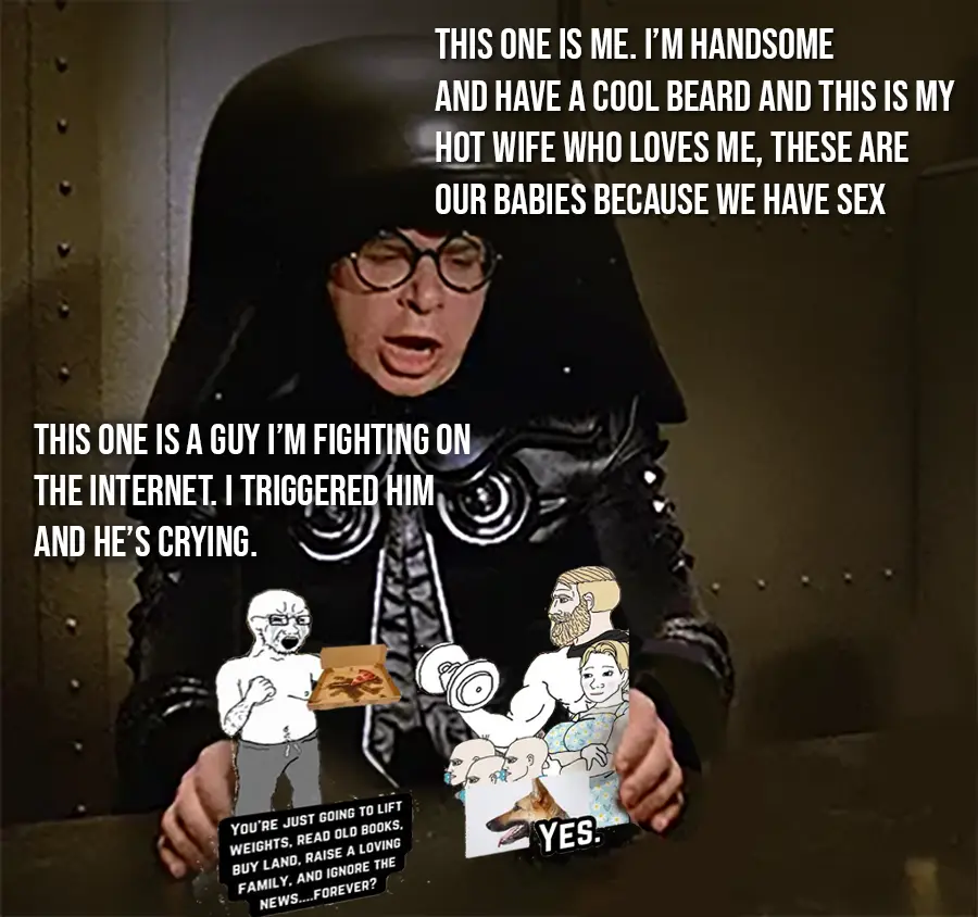 A man in a black hooded outfit with glasses holds up two cartoon images. One shows a man with a pizza box crying, labeled as…