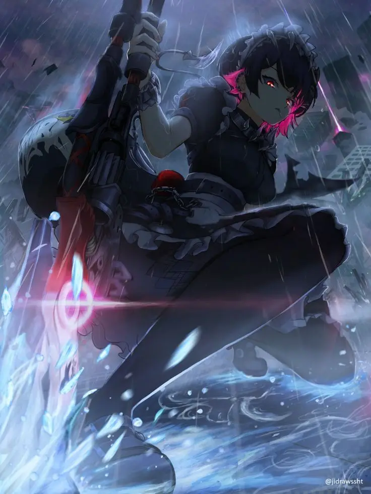 An anime-style female character with dark hair and pink highlights, wearing a maid outfit, holds a large rifle while…