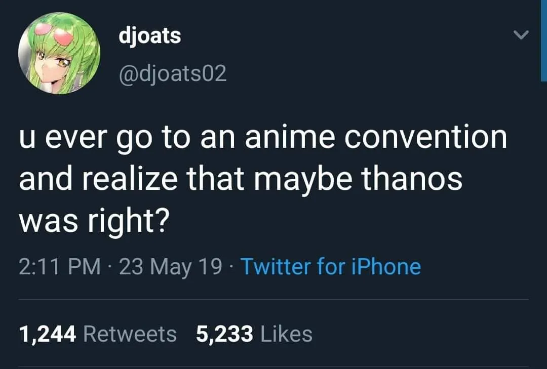 A screenshot of a Twitter post by user @djoats02, featuring a green-haired anime-style avatar. The tweet text reads 'u ever…