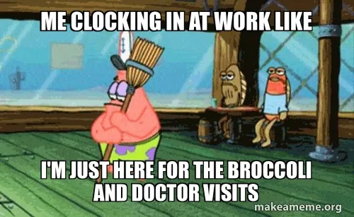 A still from the animated show SpongeBob SquarePants shows the character Patrick Star holding a broom and looking bored…