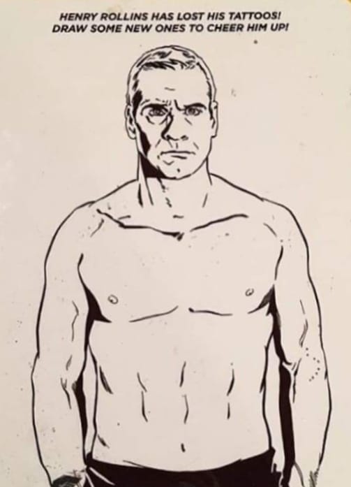 A black-and-white comic-style illustration of a shirtless, muscular man with a stern expression, identified as Henry…