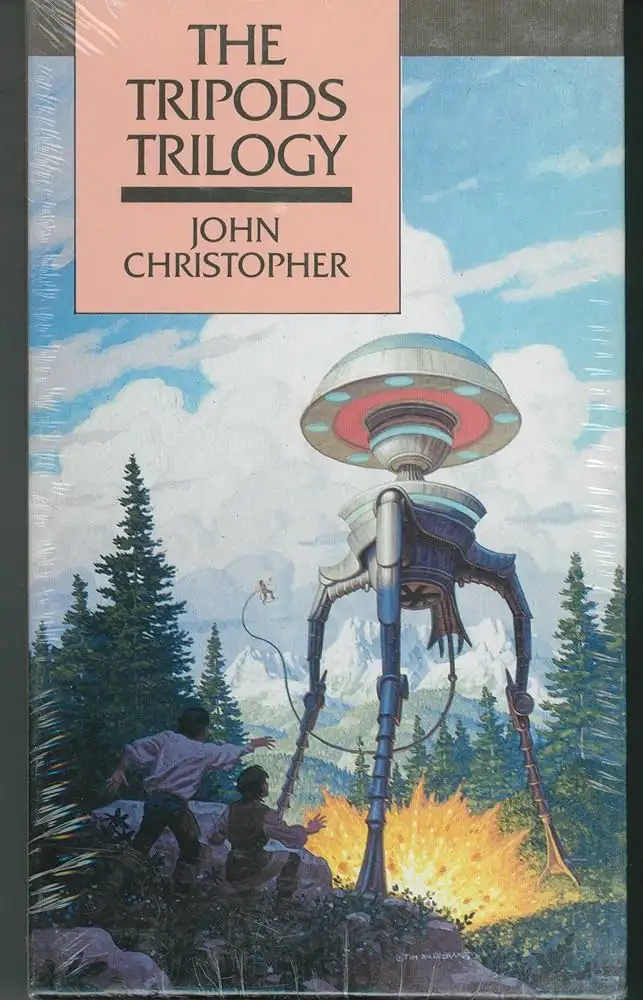The image shows the cover of 'The Tripods Trilogy' by John Christopher, depicting a giant tripod robot standing in a…