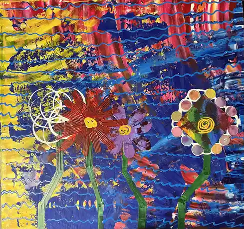 A vibrant, abstract painting features three stylized flowers with green stems against a background of swirling blue, yellow…