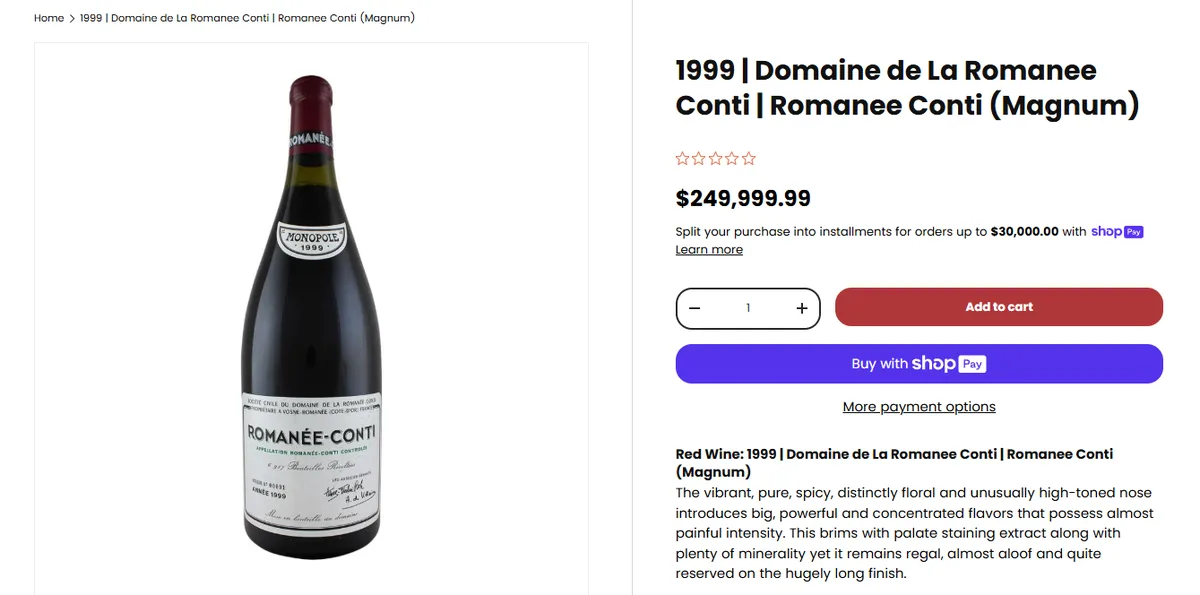 An e-commerce product page displays a bottle of 1999 Domaine de La Romanee Conti Romanee Conti Magnum wine, priced at…