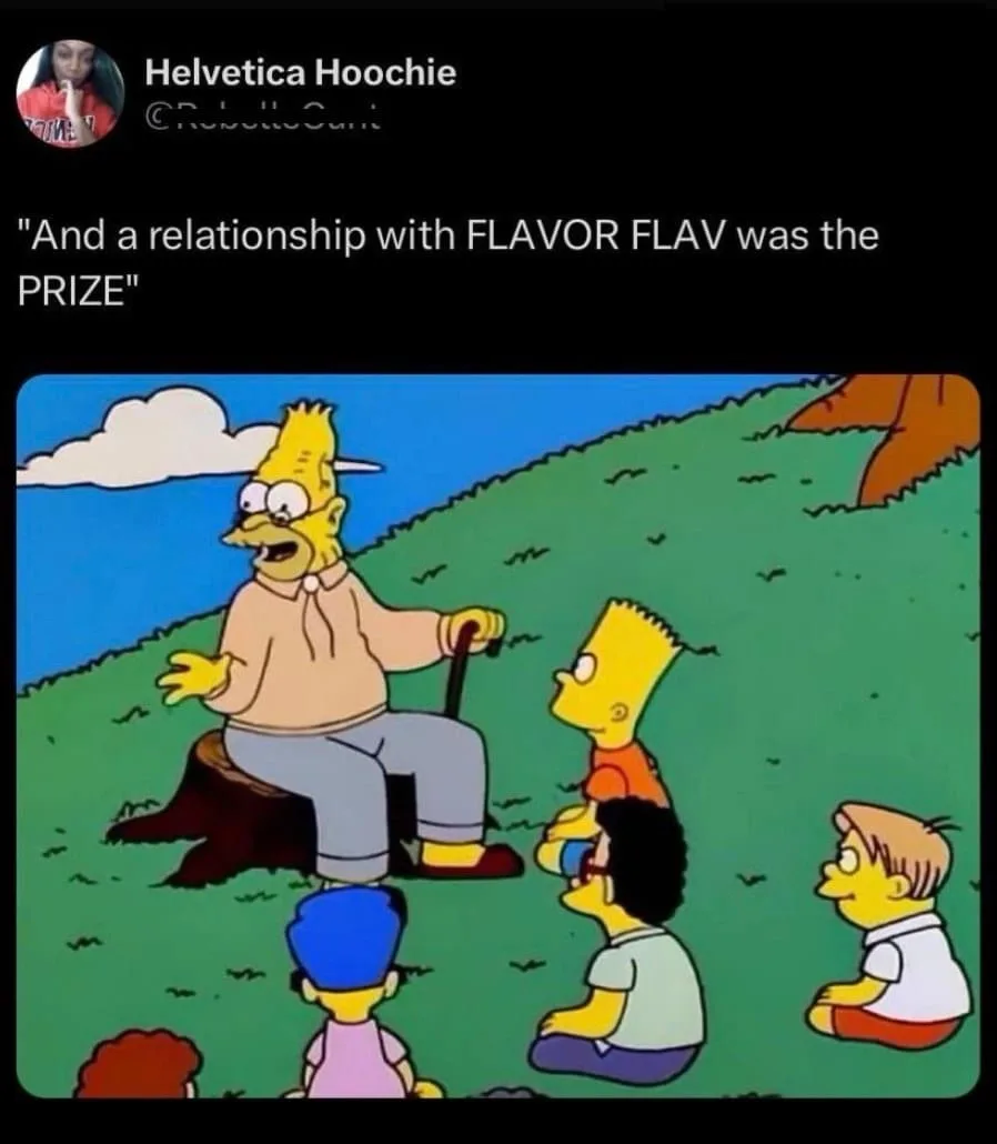 A still from The Simpsons shows an elderly, balding man with a cane sitting on a tree stump, gesturing excitedly while…