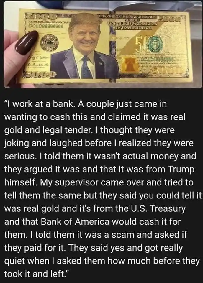 A hand holds a gold-colored, fake $500 bill featuring Donald Trump's smiling portrait. The bill has 'GOLD' printed…