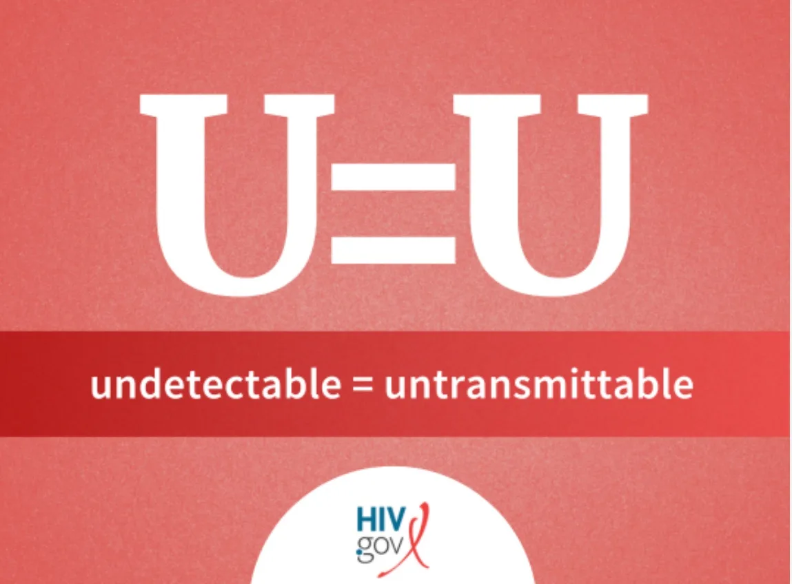 A red background image with large white text reading 'U=U' and a red banner below it stating 'undetectable =…