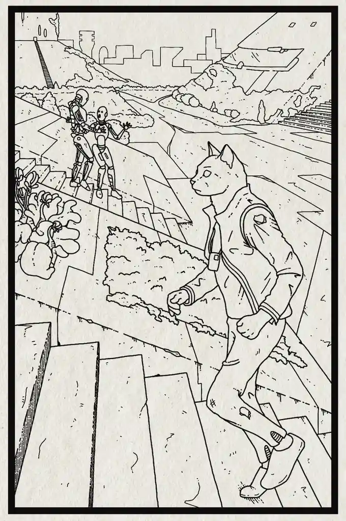 A black-and-white line drawing shows a cat-like humanoid walking confidently down a futuristic, geometric path. In the…