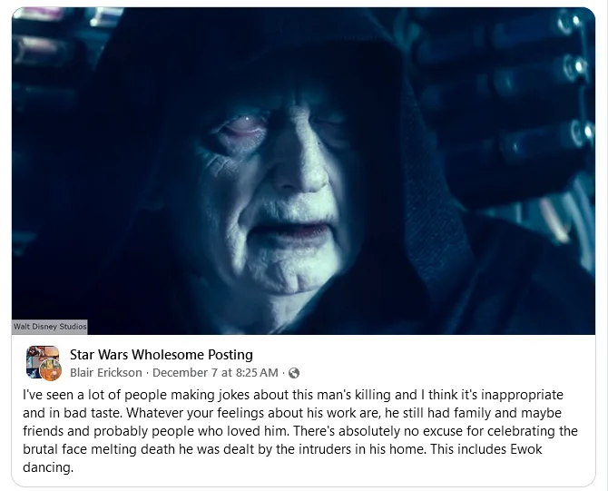 A close-up image of Emperor Palpatine from Star Wars, looking distressed with his eyes half-closed and face pale under blue…