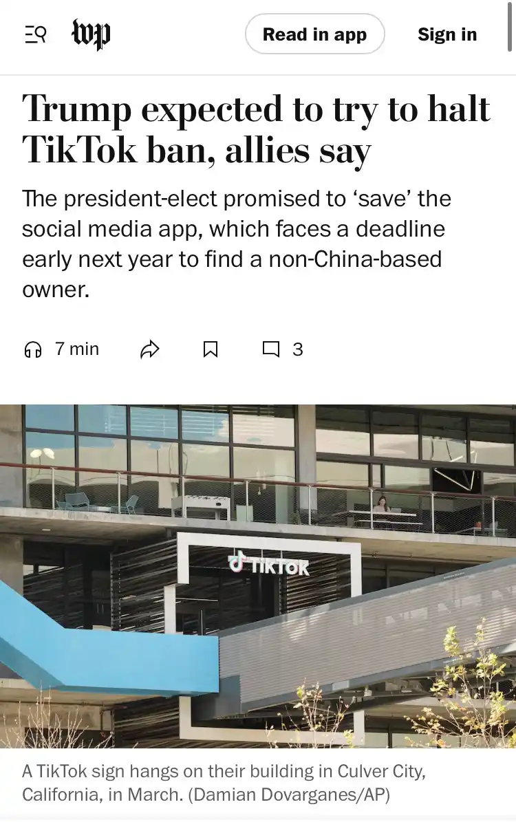 A screenshot of a Washington Post article with the headline 'Trump expected to try to halt TikTok ban, allies say' overlaid…