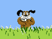 Six identical pixelated images show a brown cartoon dog with black ears and a white muzzle, standing in green grass against…