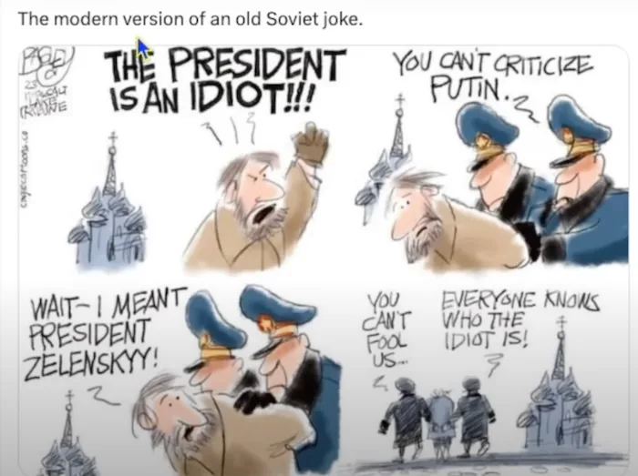 A four-panel cartoon depicts a man yelling 'THE PRESIDENT IS AN IDIOT!!!' at two uniformed officers, who then correct him to…
