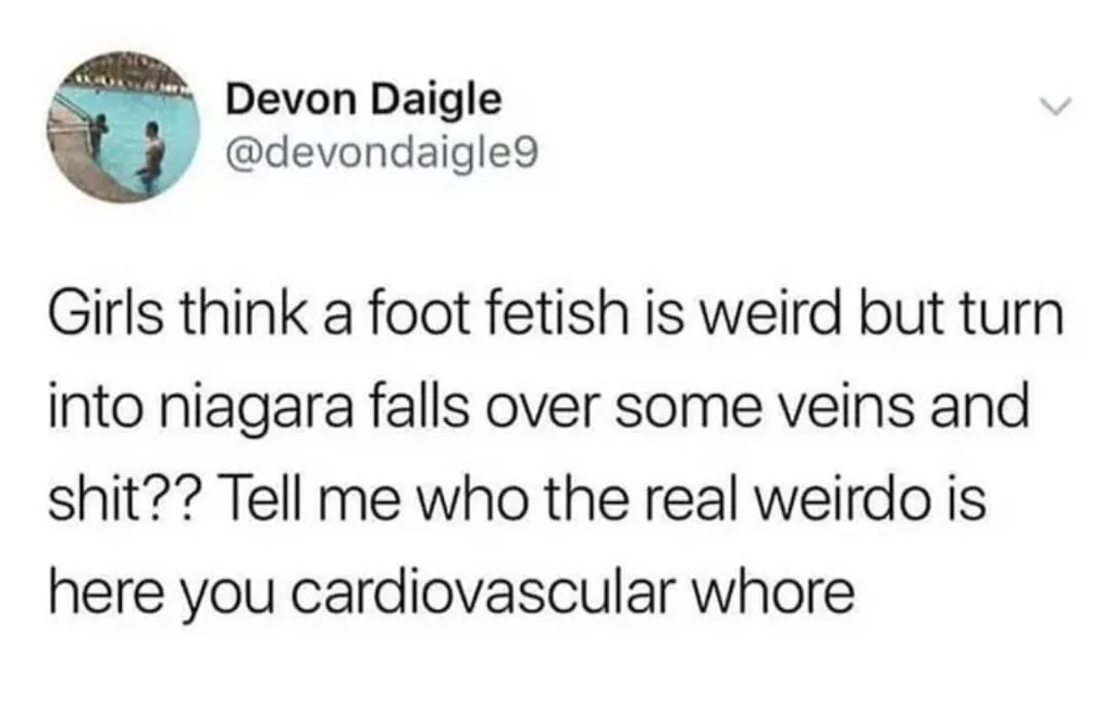 A screenshot of a tweet by Devon Daigle showing two people in a pool, with overlaid text criticizing women for finding foot…
