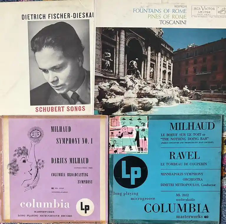 Four vintage vinyl record album covers are arranged in a collage. Top left shows Dietrich Fischer-Dieskau's 'Schubert…