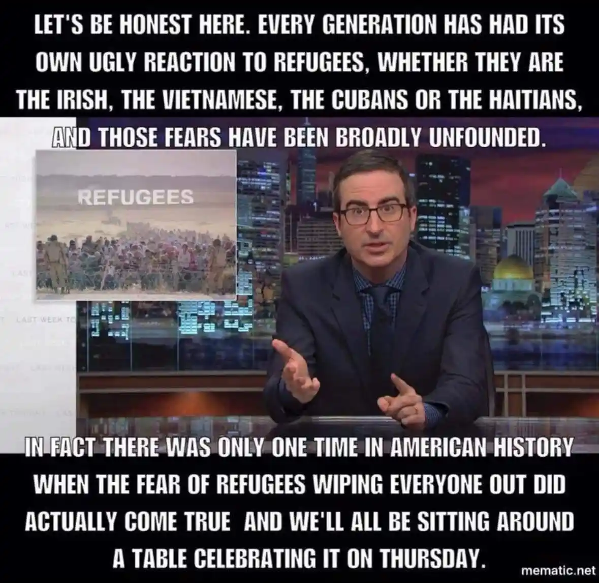 A man in a suit and glasses, likely John Oliver, is shown on a news set with a city skyline backdrop. An inset image shows a…