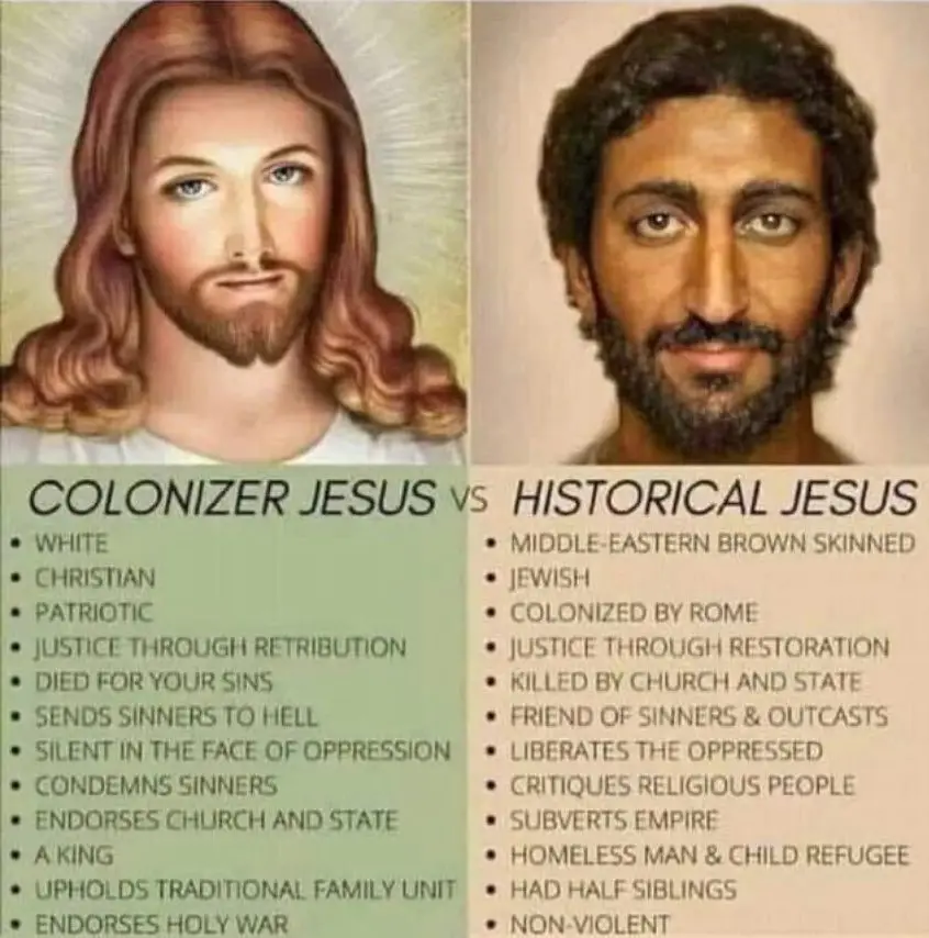 The image displays two side-by-side portraits: one of a traditionally depicted Jesus with long blonde hair and a halo…