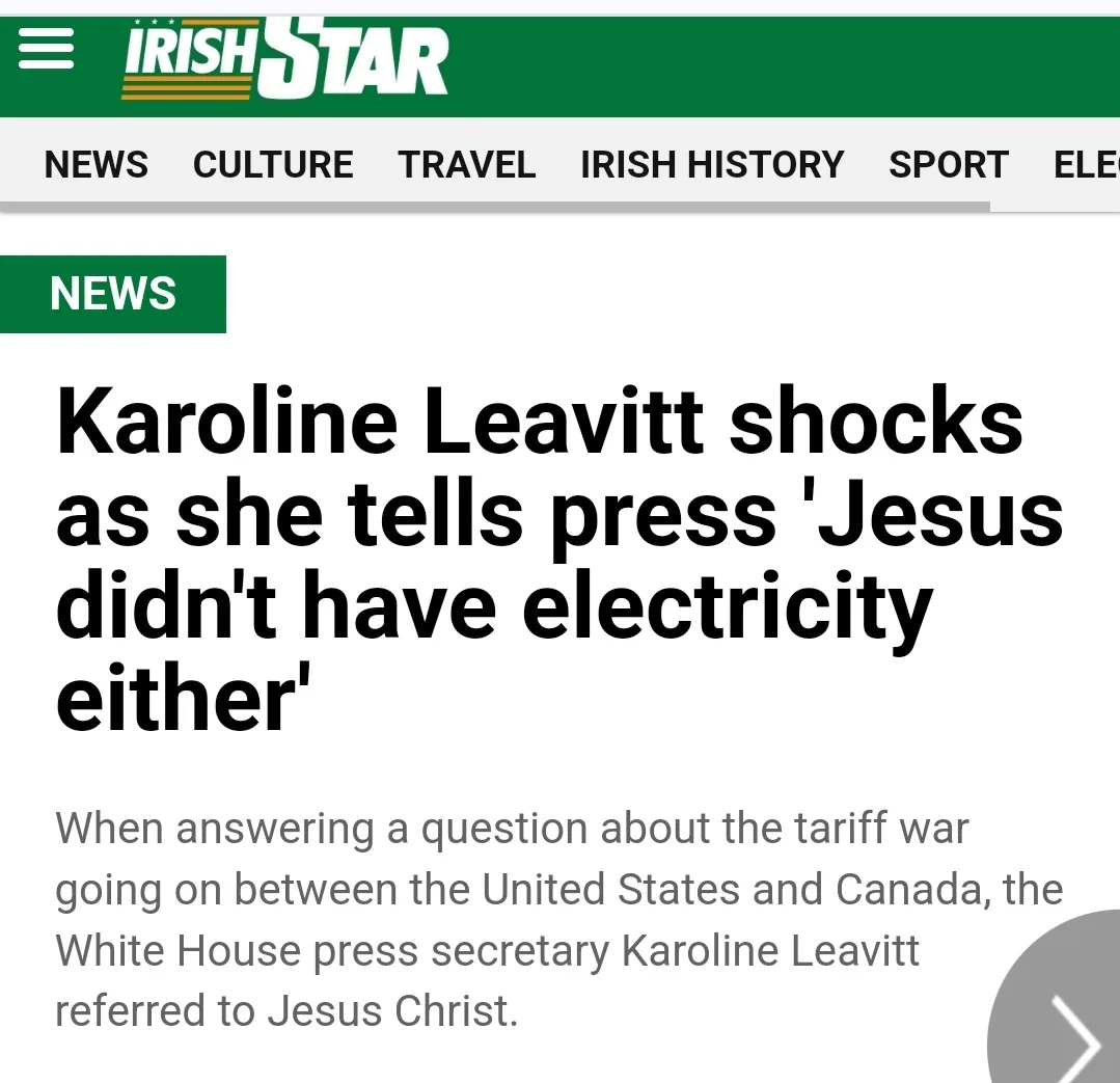 A screenshot of an Irish Star news article with a headline reading 'Karoline Leavitt shocks as she tells press 'Jesus didn't…
