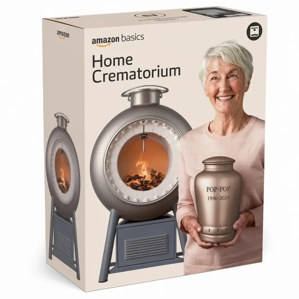 A product box for 'Amazon Basics Home Crematorium' shows a smiling elderly woman holding a urn labeled 'POP-POP 1940-2024'…