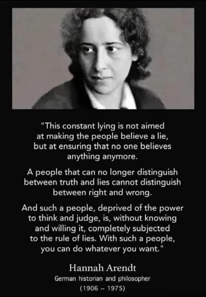 A black-and-white portrait of Hannah Arendt, a German historian and philosopher (1906-1975), is overlaid with her quote…
