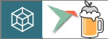 The image displays three icons side by side: a white cube on a teal background, a green and orange paper bird, and a beer…