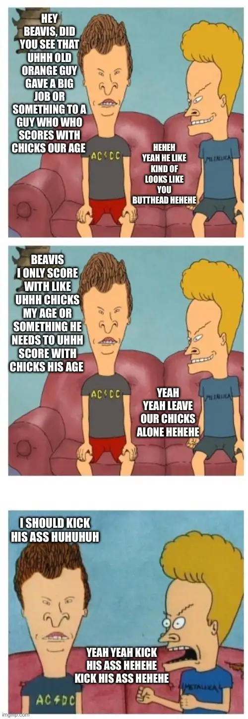 Three-panel meme featuring Beavis and Butt-Head from the animated series. In the first panel, Beavis asks Butt-Head about an…