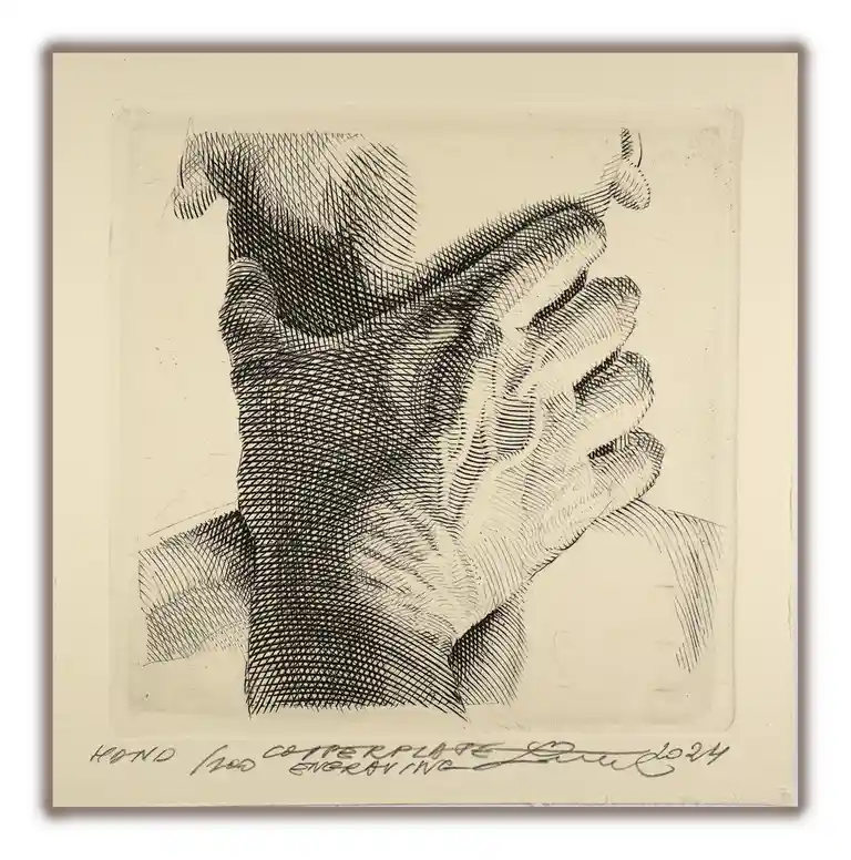 A black-and-white line drawing of a hand, rendered with cross-hatching and shading techniques on beige paper, with the…