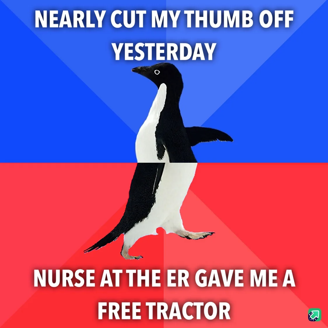 A penguin stands centered against a blue and red background, with white bold text above reading 'NEARLY CUT MY THUMB OFF…