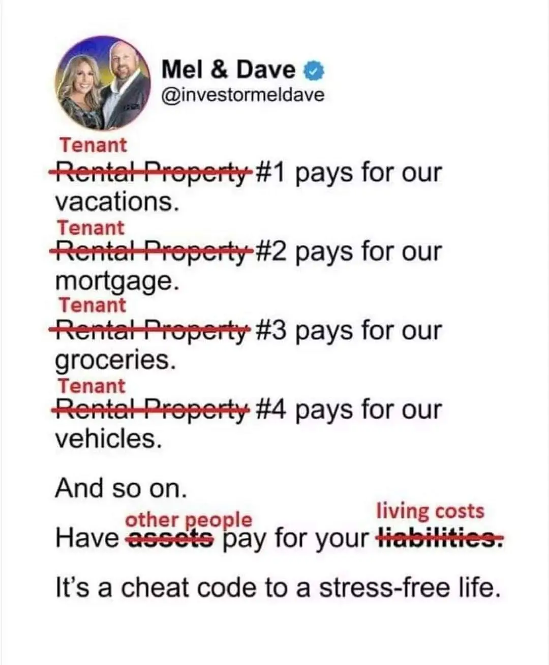 A screenshot of a Twitter post by 'Mel & Dave' (@investormeldave) showing a list of rental properties paying for various…