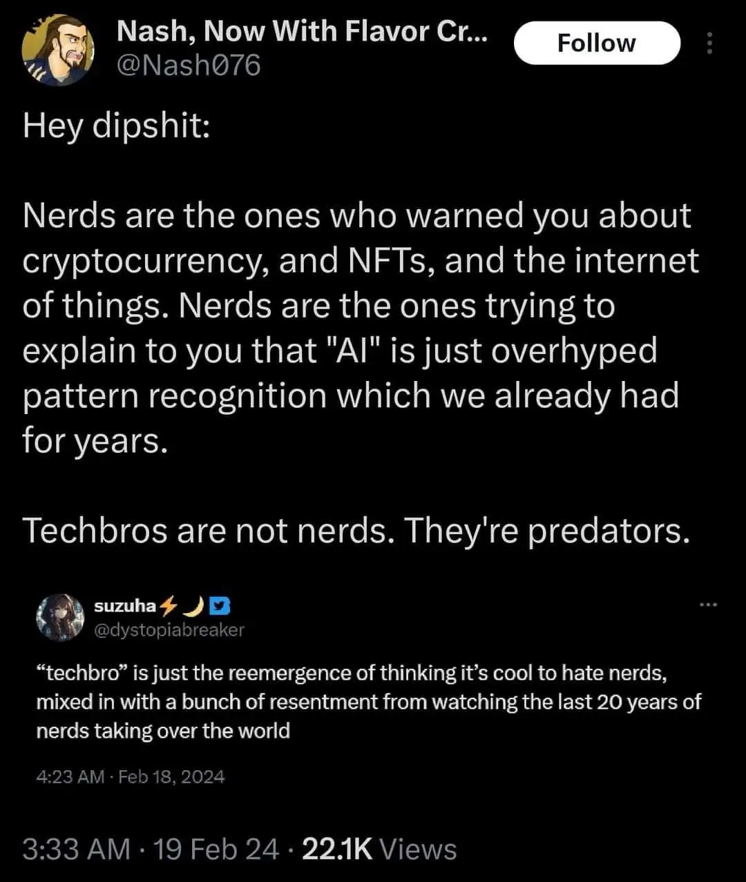 A screenshot of a Twitter thread where user @Nash076 calls 'techbros' predators for ignoring warnings from 'nerds' about…