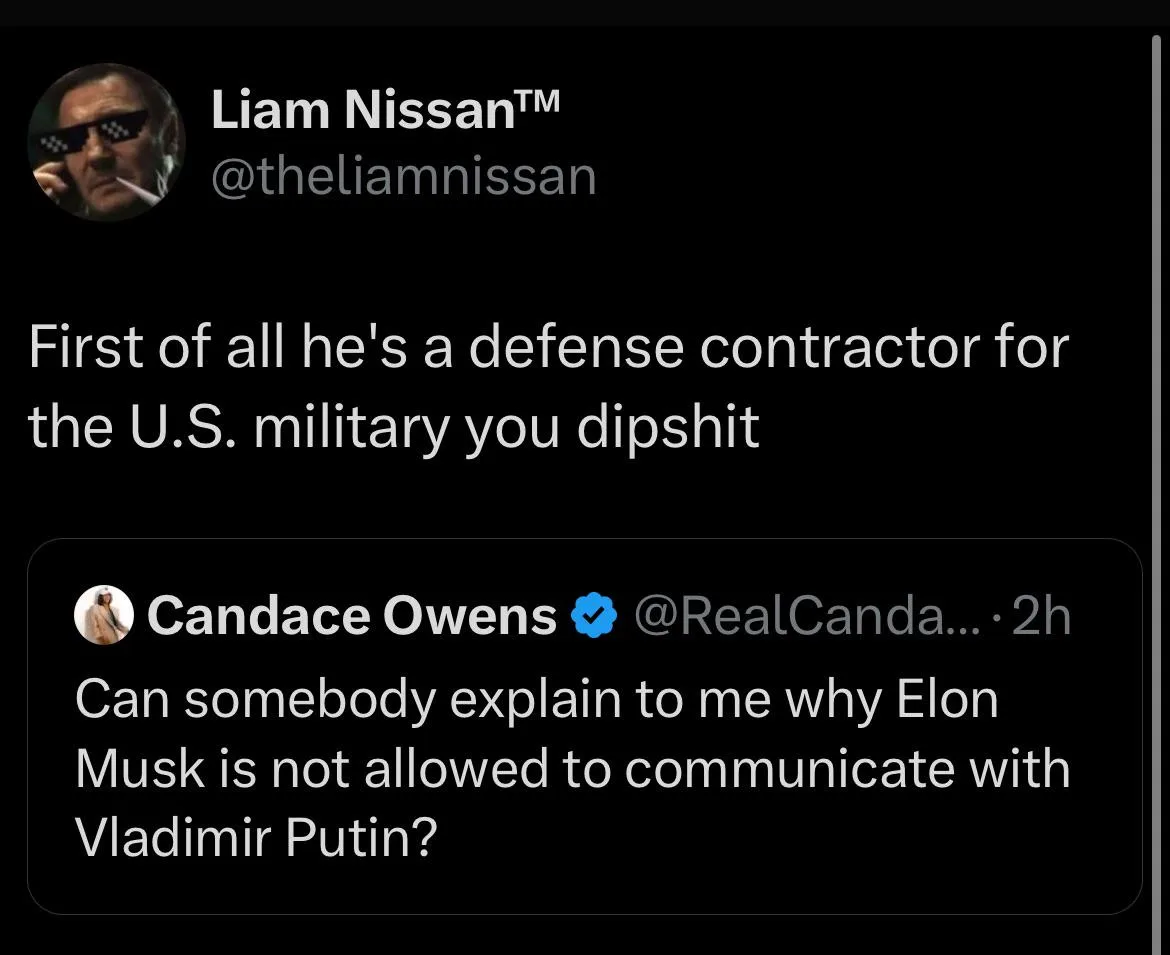 A screenshot of a Twitter thread shows Candace Owens asking why Elon Musk isn't allowed to communicate with Vladimir Putin…