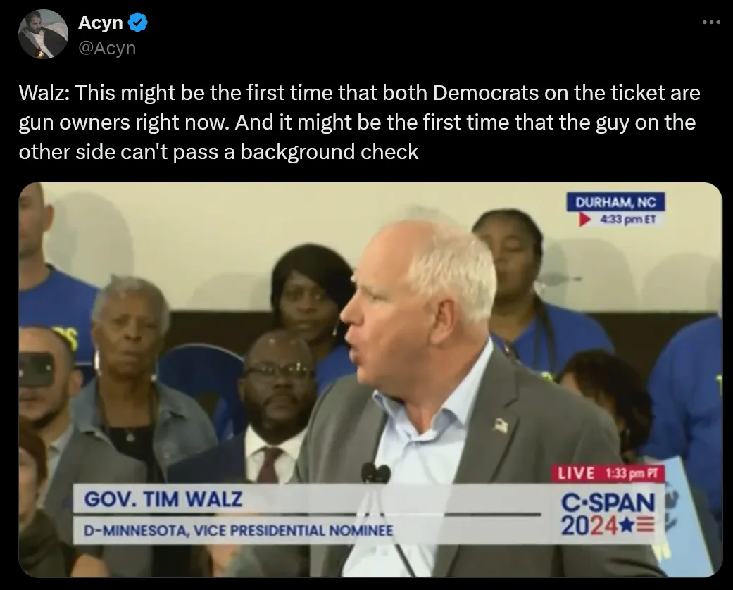 A screenshot from a C-SPAN broadcast shows Gov. Tim Walz, identified as the Democratic vice presidential nominee, speaking…
