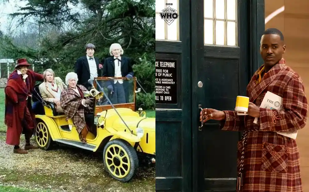 The image is a split-screen meme. On the left, the First Doctor (William Hartnell) and companions are in a yellow vintage…