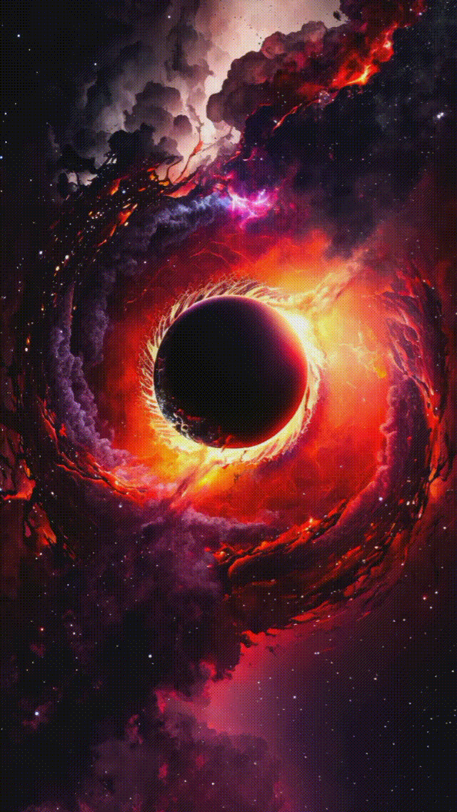 The image displays three identical vertical panels of a cosmic scene featuring a black hole surrounded by swirling red and…