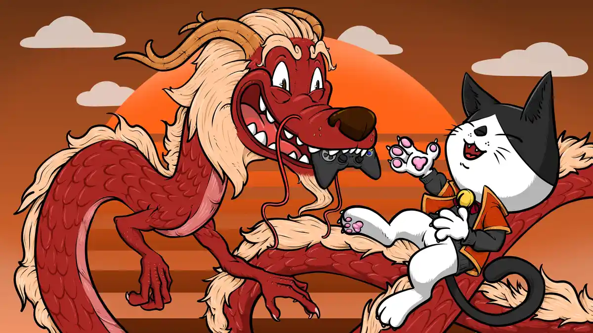 A cartoon red dragon with a shocked expression has a video game controller stuck in its mouth, while a black-and-white cat…