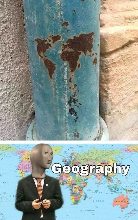 The top image shows a blue metal pole with rust stains forming the shape of a world map. The bottom image features a…