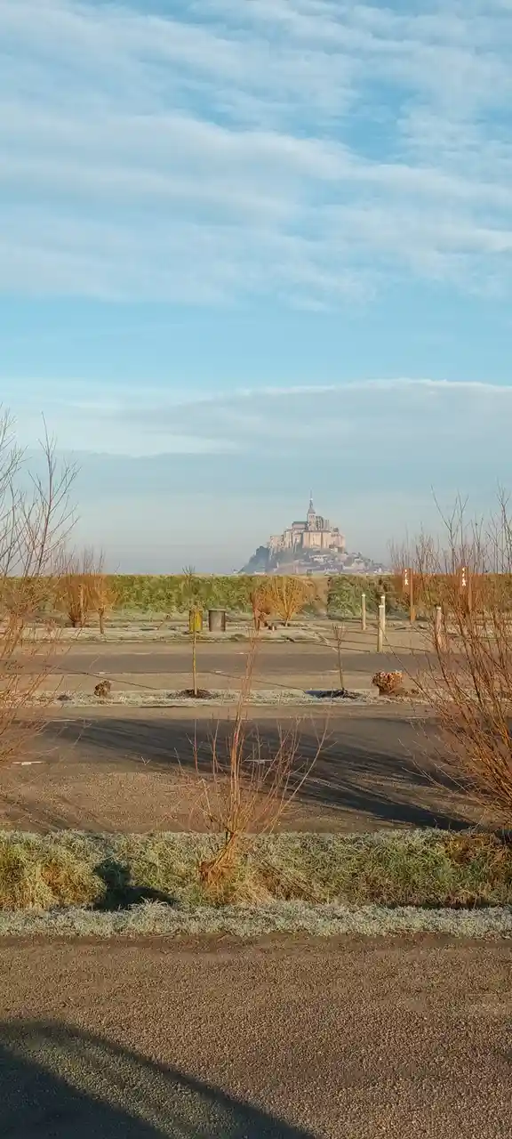 A scenic view of Mont Saint-Michel, a historic abbey on a rocky island, seen from a roadside with frost-covered grass and…