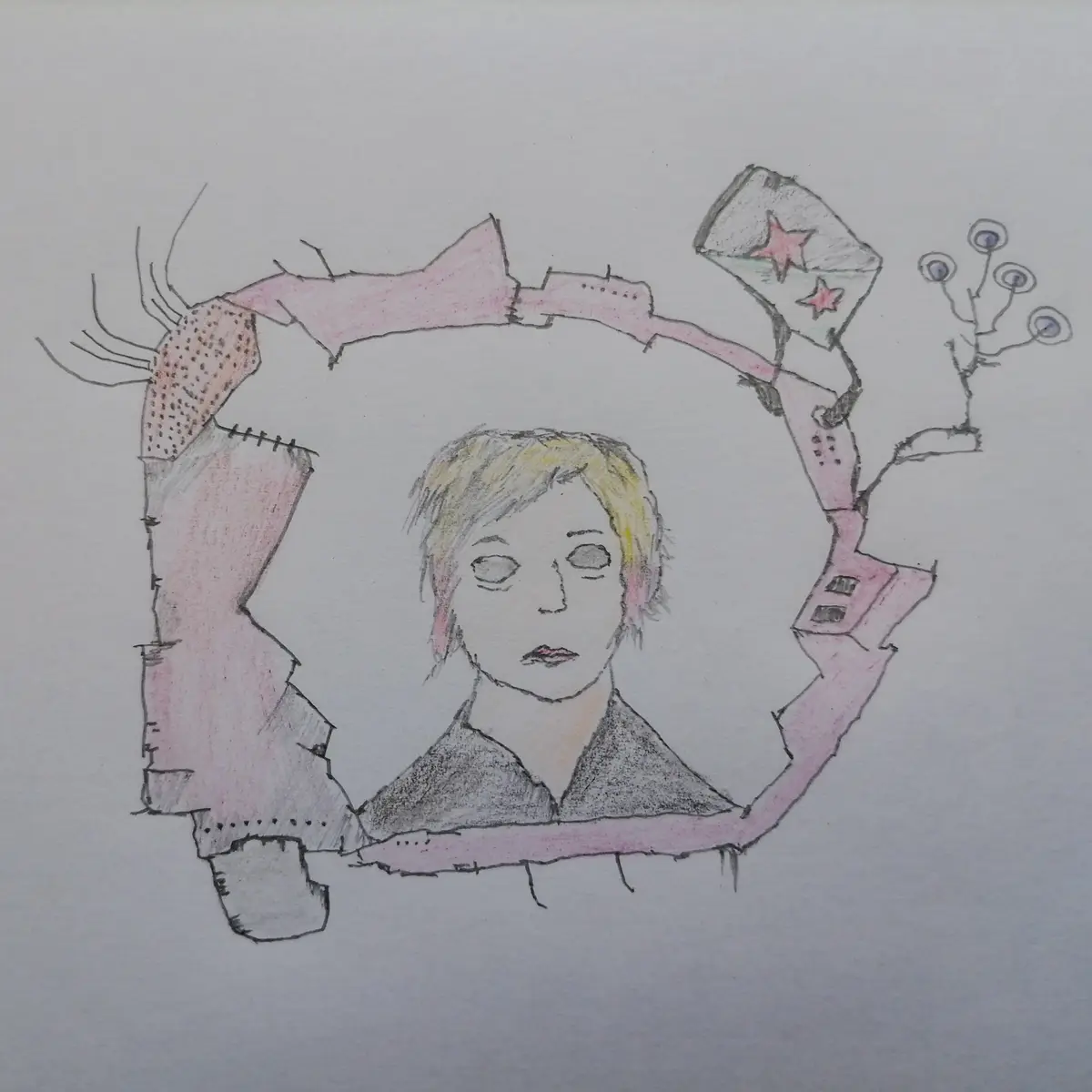 A hand-drawn, colored pencil portrait of a person with short blonde hair and a blank expression, framed by a jagged, pink…