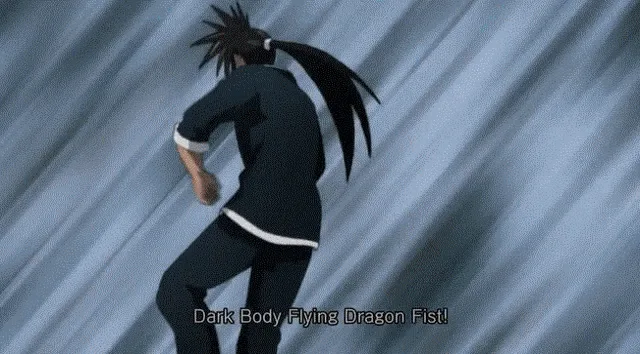 A six-panel anime sequence shows a character performing a powerful purple energy attack labeled 'Dark Body Flying Dragon…