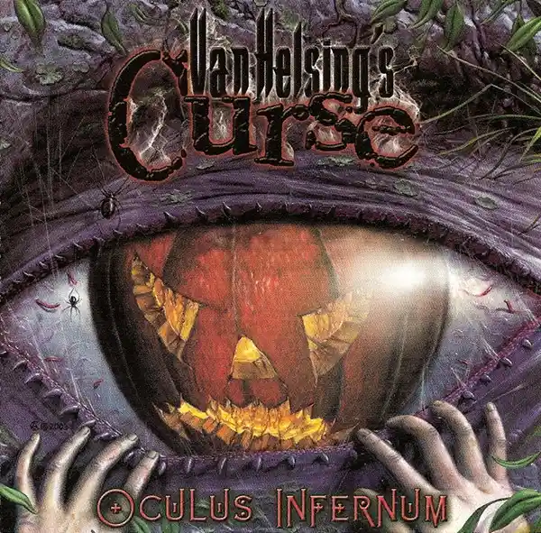 An album cover for 'Van Helsing's Curse' by Oculus Infernum, featuring a giant, stitched-open eye with a glowing…