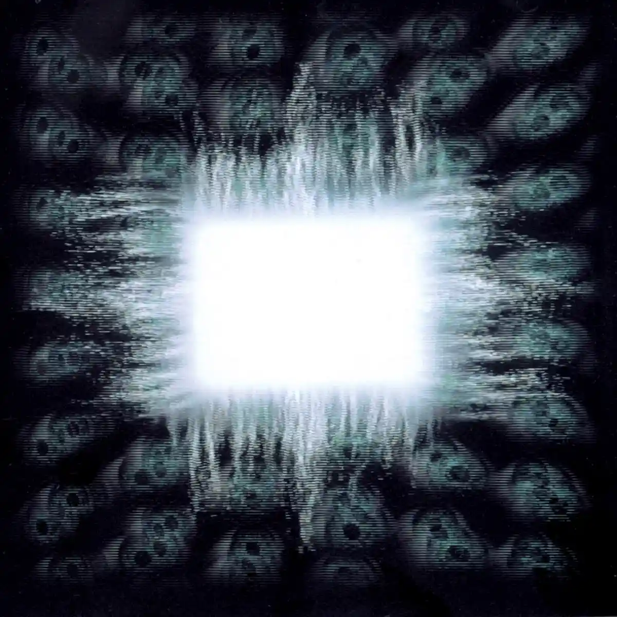 A dark, glitchy image shows a bright white square in the center, surrounded by distorted, repeating faces with wide eyes…